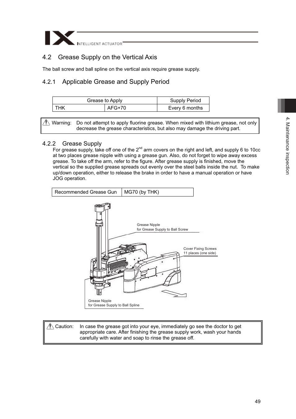 2 grease supply on the vertical axis, Applicable grease and supply period, 2 grease supply | IAI America IX-NNN12040 User Manual | Page 55 / 90