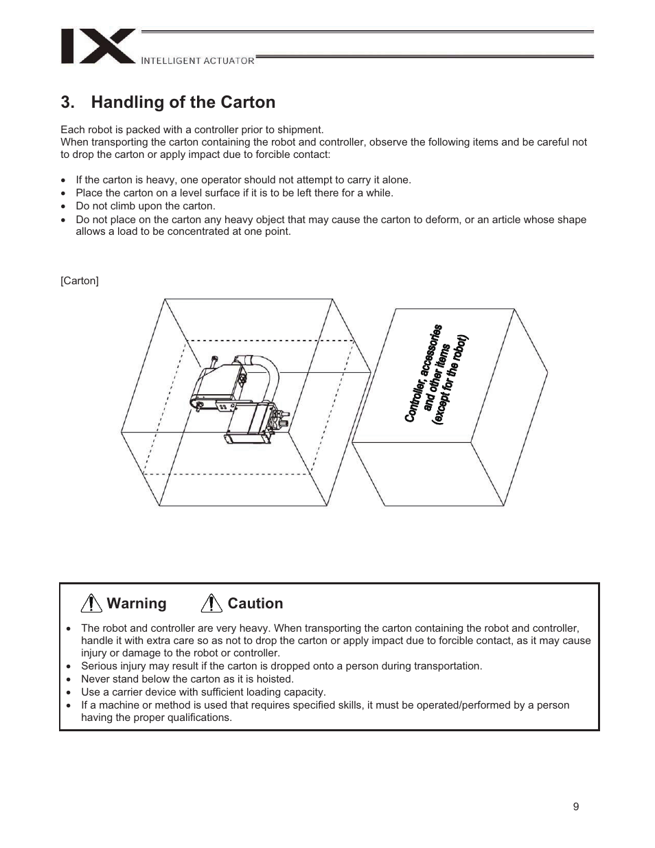 Handling of the carton, Caution warning | IAI America IX-NNN1805 User Manual | Page 15 / 100