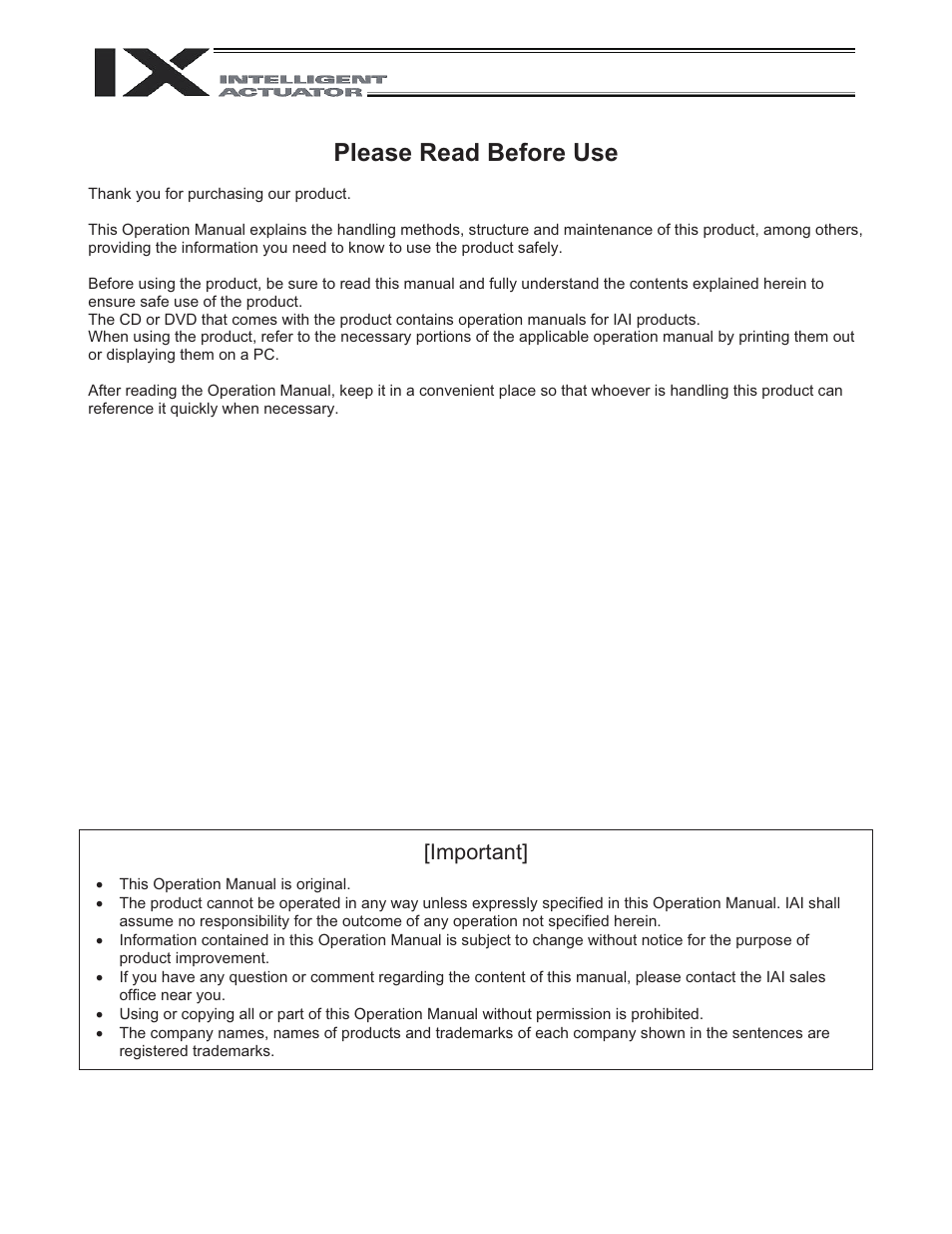 Please read before use, Important | IAI America IX-NNN1805 User Manual | Page 3 / 100
