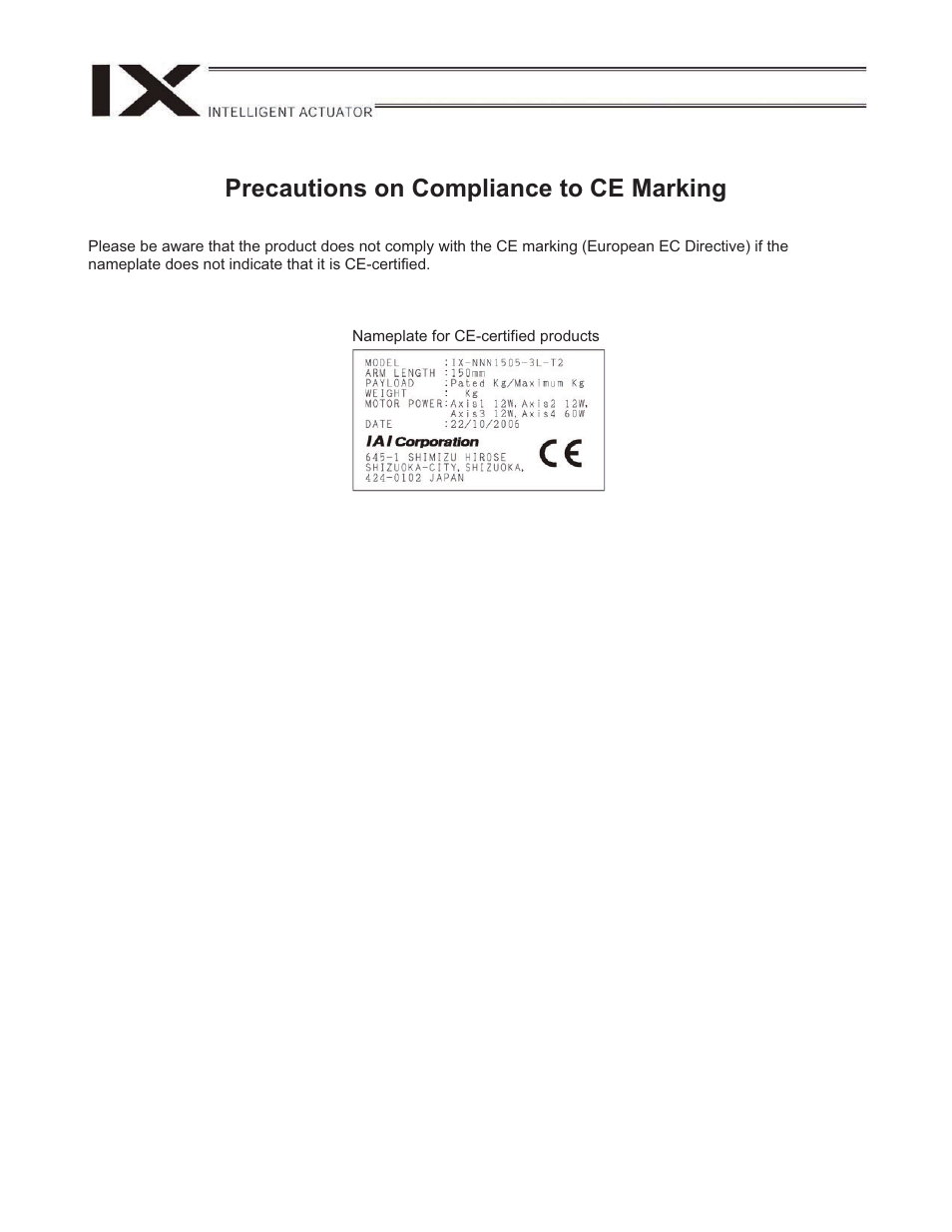 Precautions on compliance to ce marking | IAI America IX-NNN1805 User Manual | Page 4 / 100