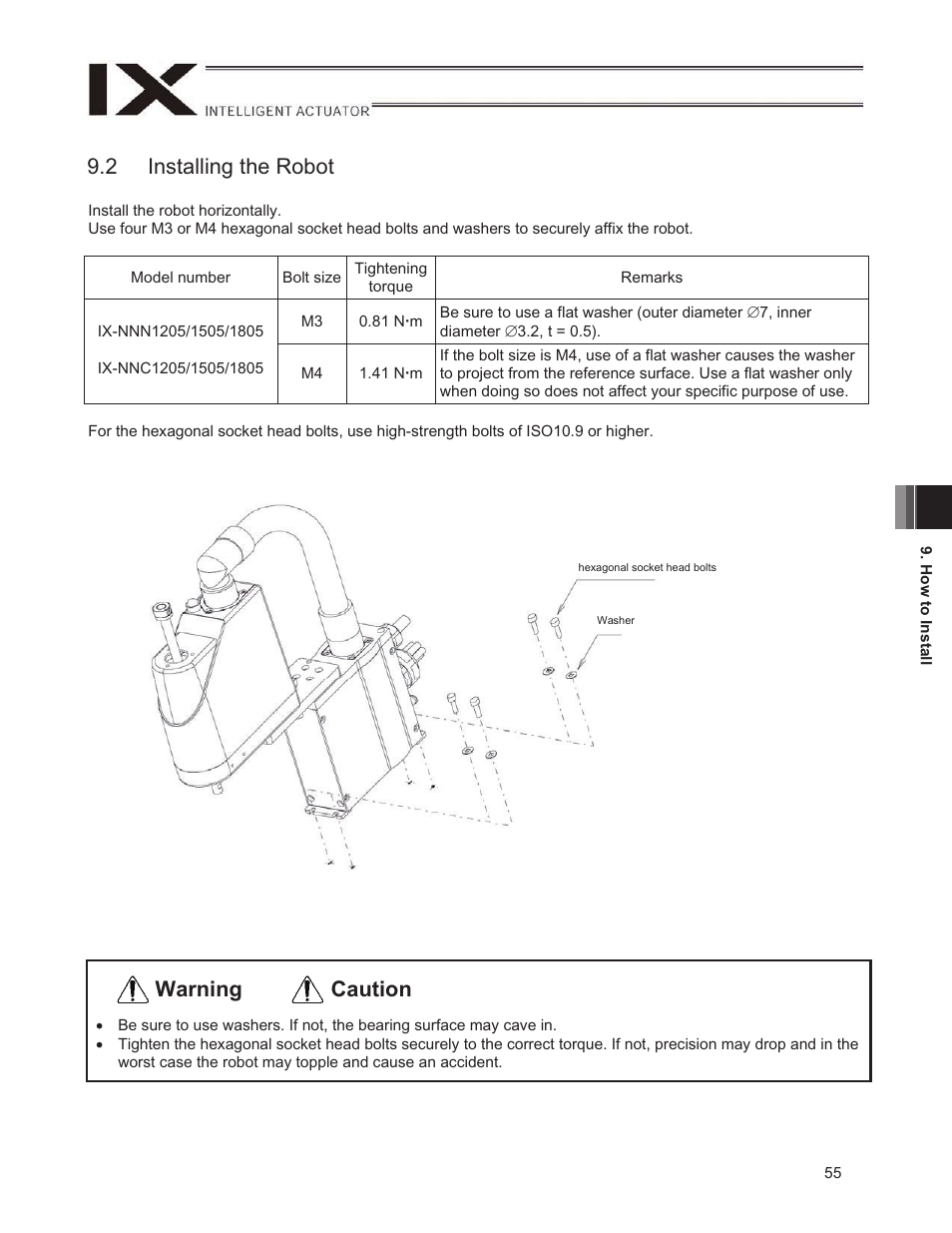 2 installing the robot, Installation, Caution warning | IAI America IX-NNN1805 User Manual | Page 61 / 100