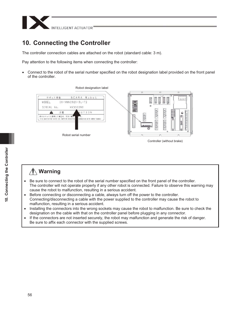 Connecting the controller, Warning | IAI America IX-NNN1805 User Manual | Page 62 / 100