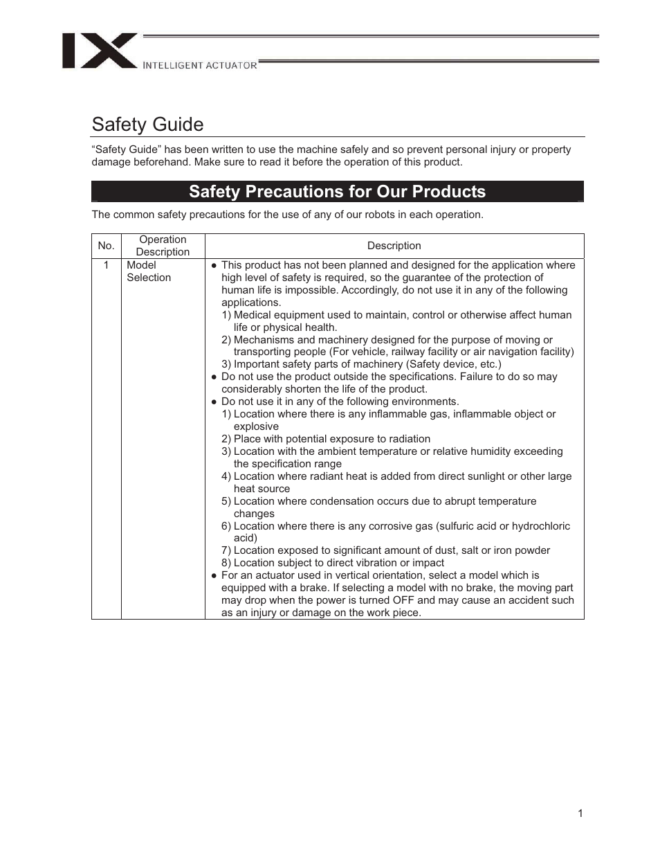 Safety guide, Safety precautions for our products | IAI America IX-NNN1805 User Manual | Page 7 / 100