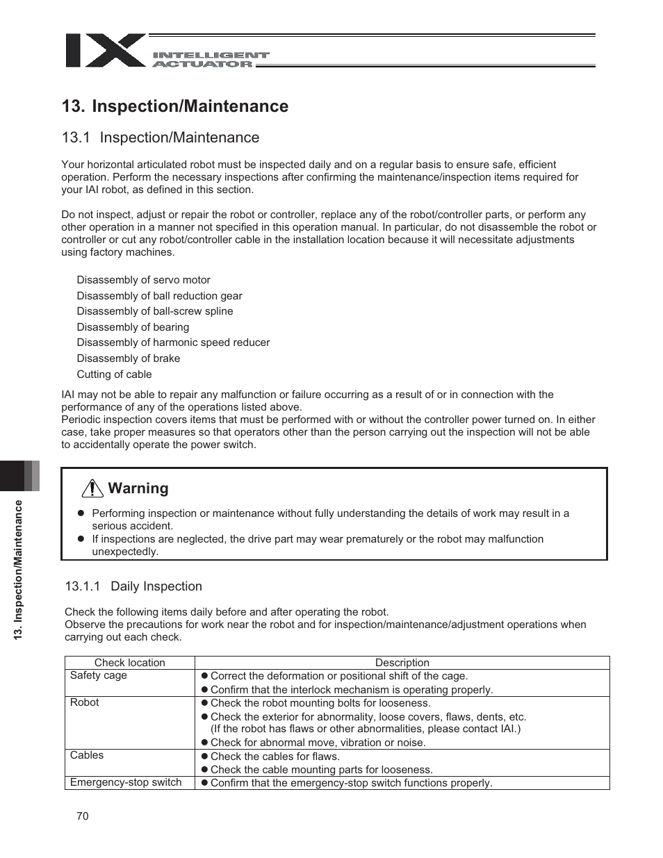 Inspection/maintenance, 1 inspection/maintenance, Warning | IAI America IX-NNN1805 User Manual | Page 76 / 100