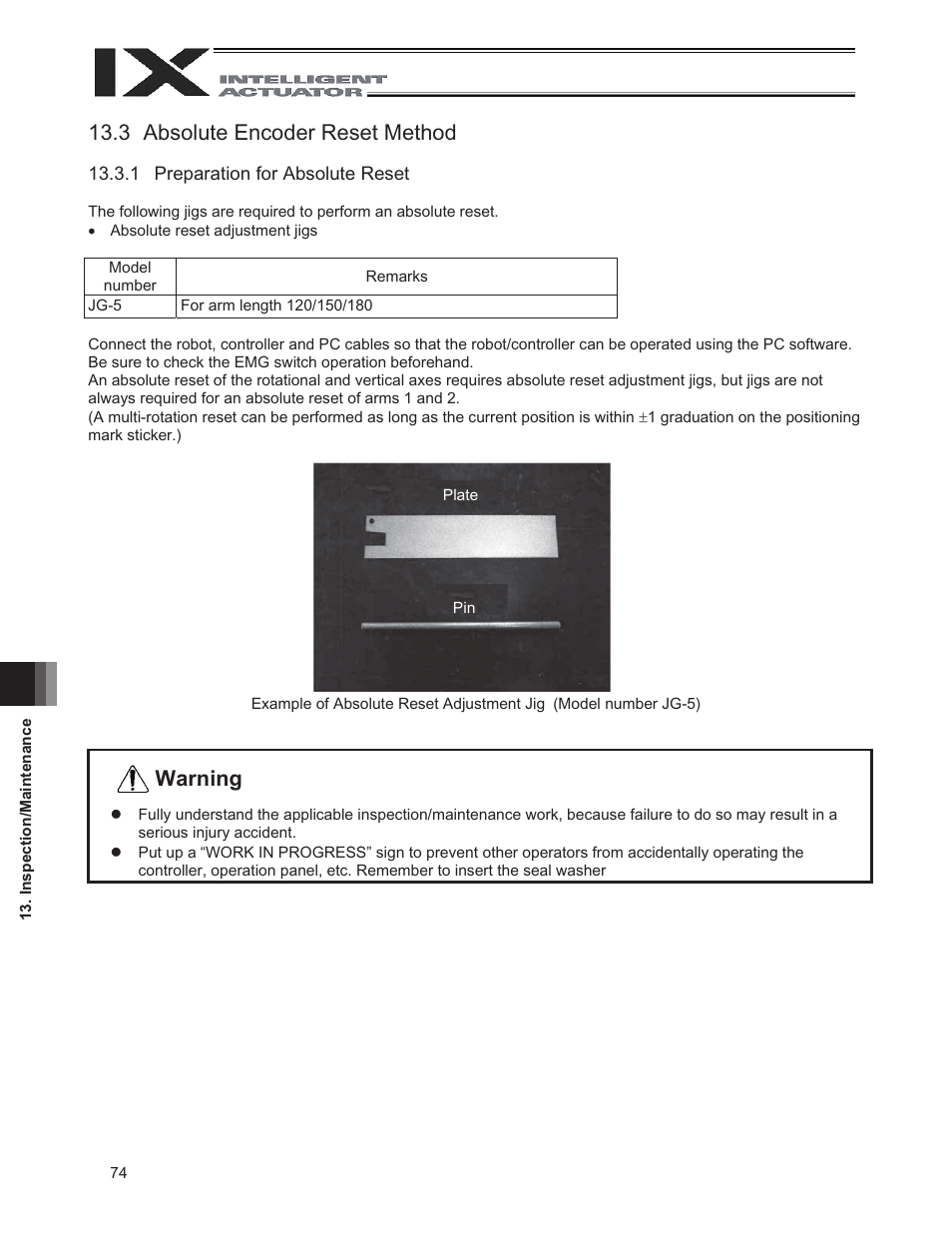 3 absolute encoder reset method, Warning | IAI America IX-NNN1805 User Manual | Page 80 / 100