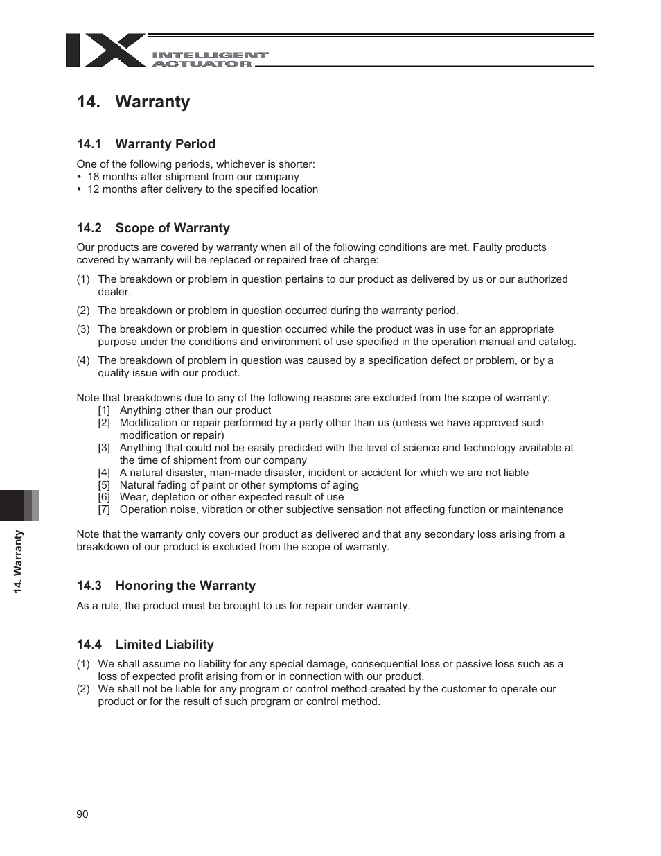 Warranty, 1 warranty period, 2 scope of warranty | 3 honoring the warranty, 4 limited liability | IAI America IX-NNN1805 User Manual | Page 96 / 100