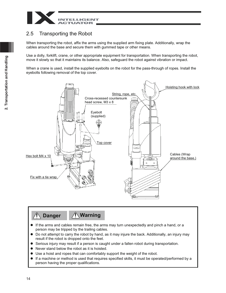5 transporting the robot, Danger warning | IAI America IX-NNC3515 User Manual | Page 20 / 76