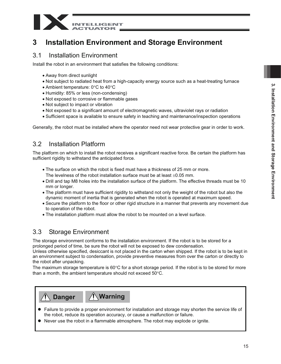 3 installation environment and storage environment, 1 installation environment, 2 installation platform | 3 storage environment, 3installation environment and storage environment, Danger warning | IAI America IX-NNC3515 User Manual | Page 21 / 76