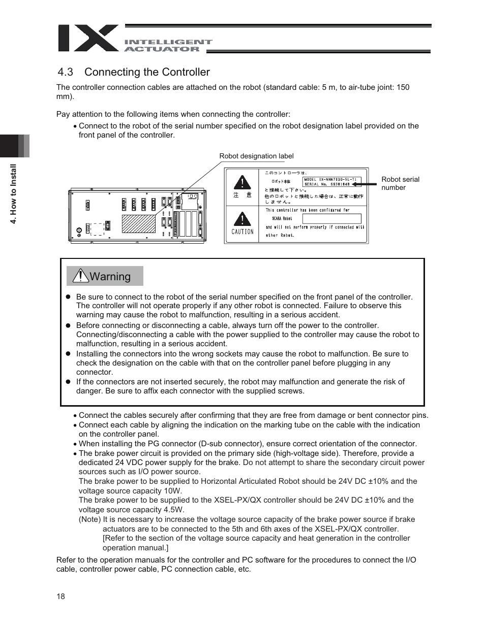 3 connecting the controller, Warning 4.3 | IAI America IX-NNC3515 User Manual | Page 24 / 76