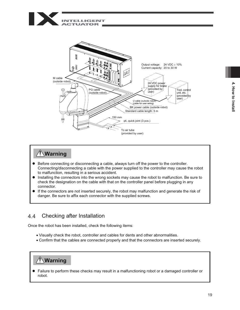 4 checking after installation, 3 checking after installation, Warning | Warning 4.4 | IAI America IX-NNC3515 User Manual | Page 25 / 76