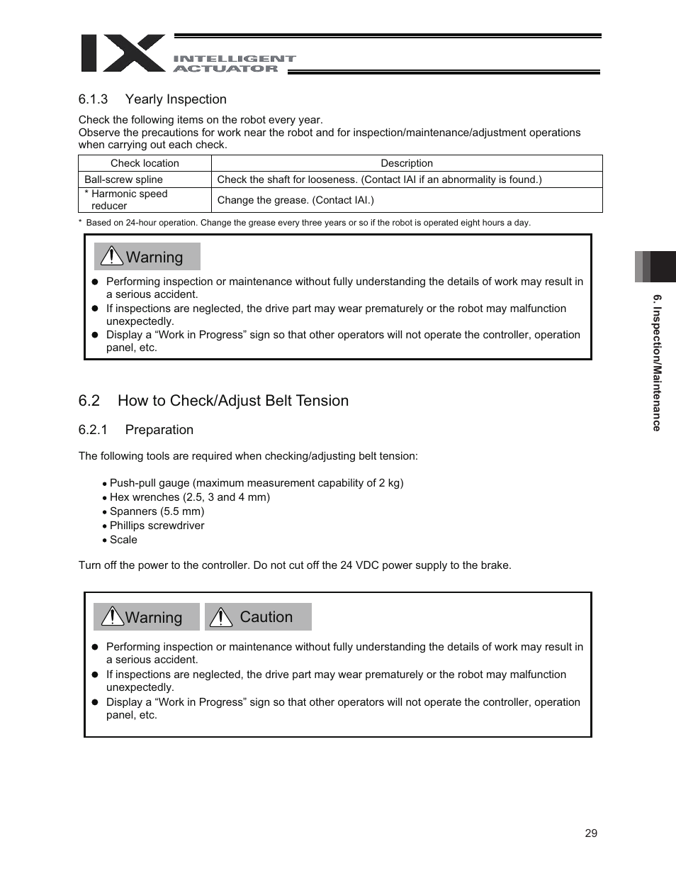 2 how to check/adjust belt tension, Warning | IAI America IX-NNC3515 User Manual | Page 35 / 76