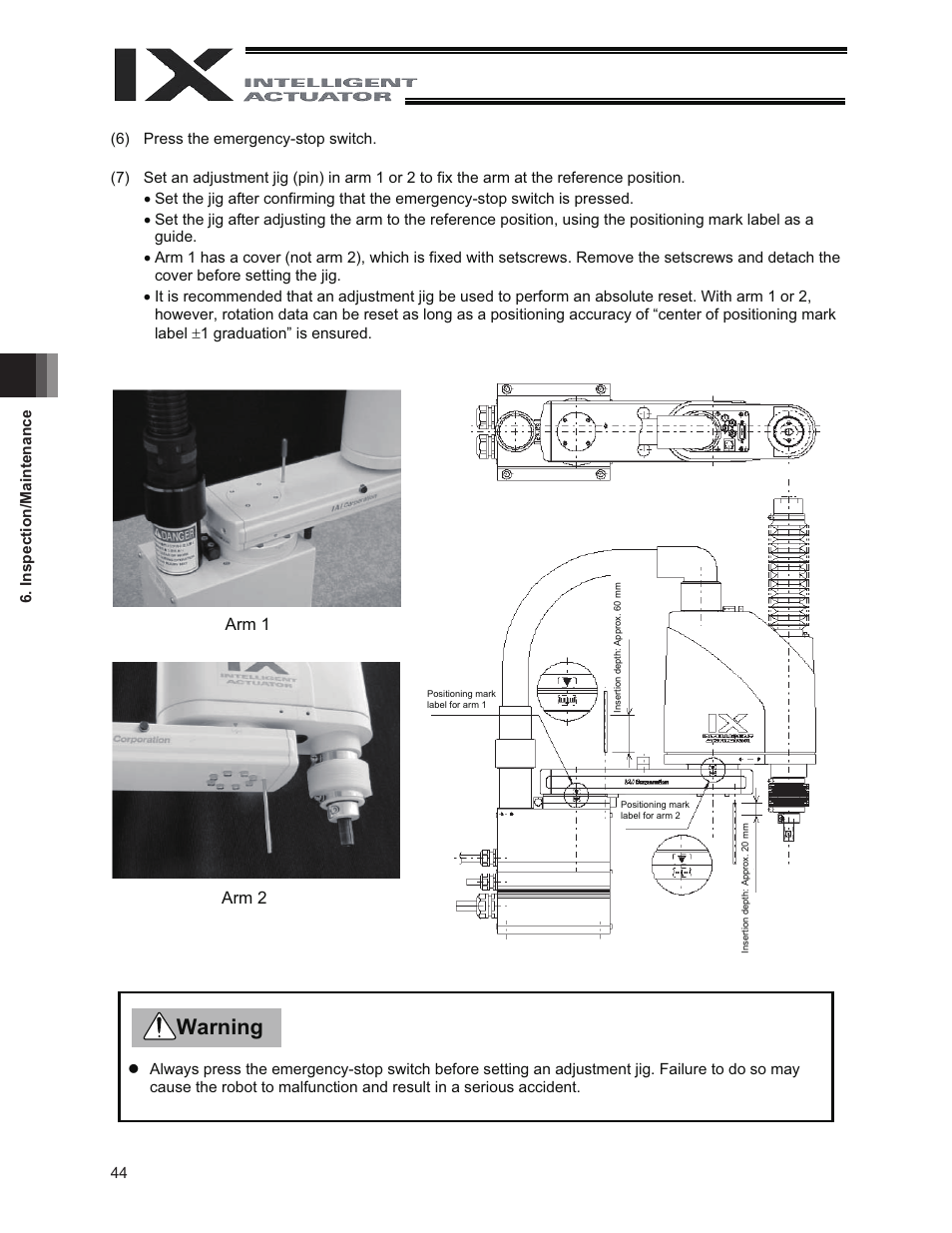 Warning, Arm 1 arm 2 | IAI America IX-NNC3515 User Manual | Page 50 / 76