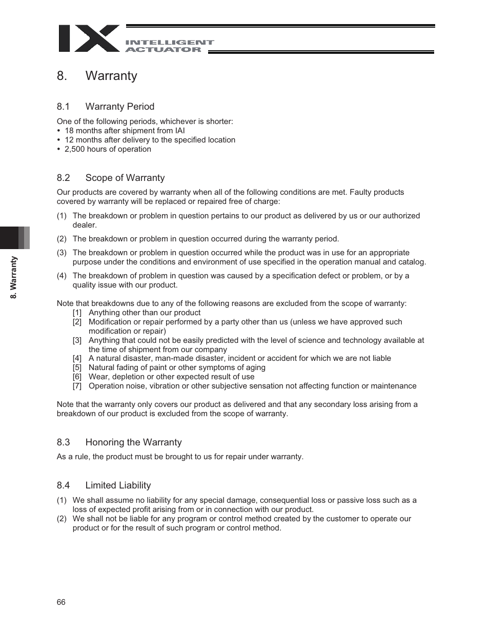 Warranty, 1 warranty period, 2 scope of warranty | 3 honoring the warranty, 4 limited liability | IAI America IX-NNC3515 User Manual | Page 72 / 76