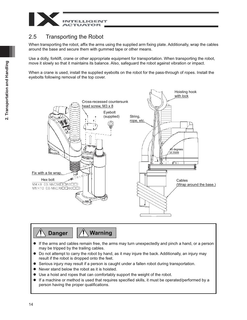 5 transporting the robot, Warning danger | IAI America IX-NNC8040 User Manual | Page 20 / 90