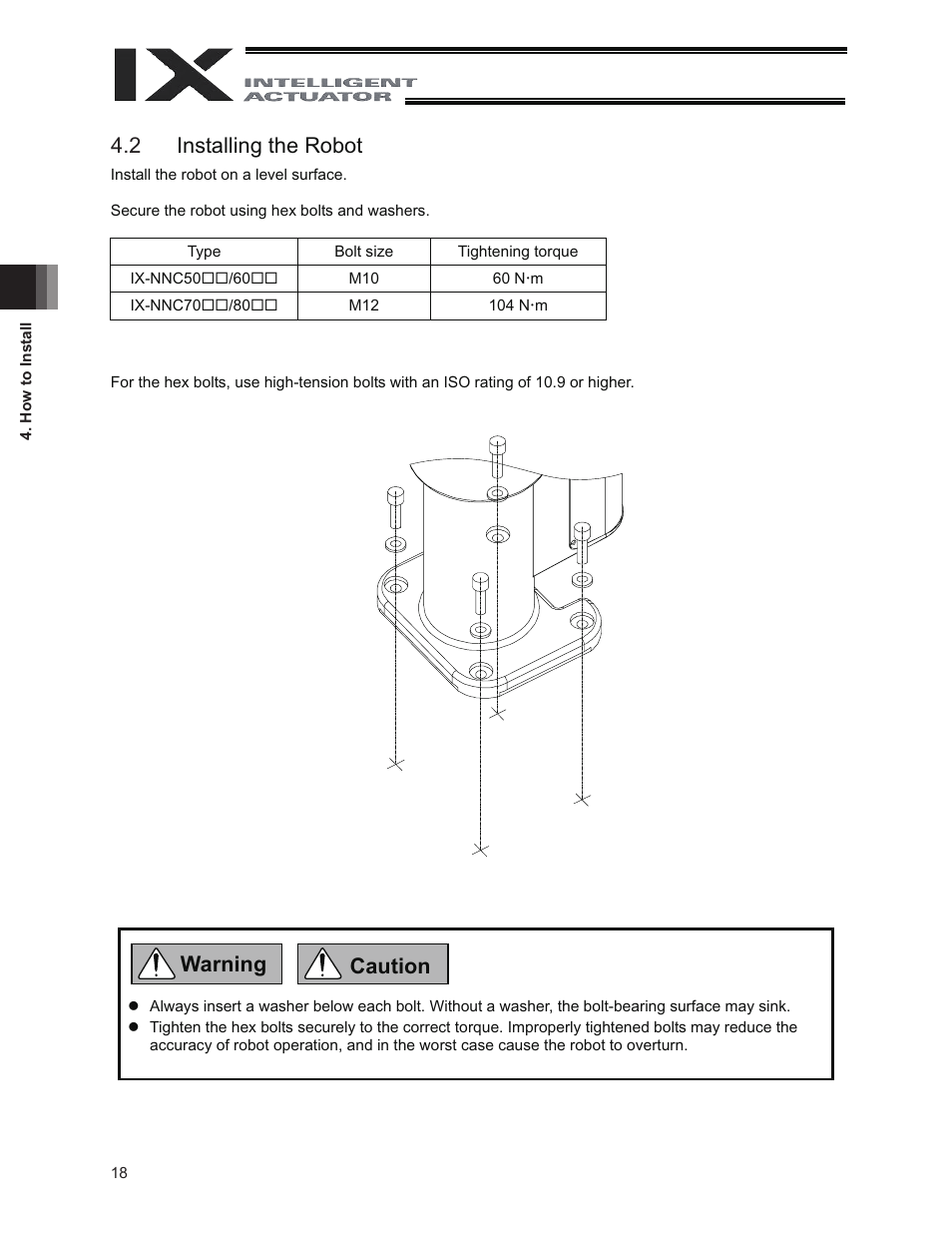 2 installing the robot, 1 installing the robot, Caution warning 4.2 | IAI America IX-NNC8040 User Manual | Page 24 / 90