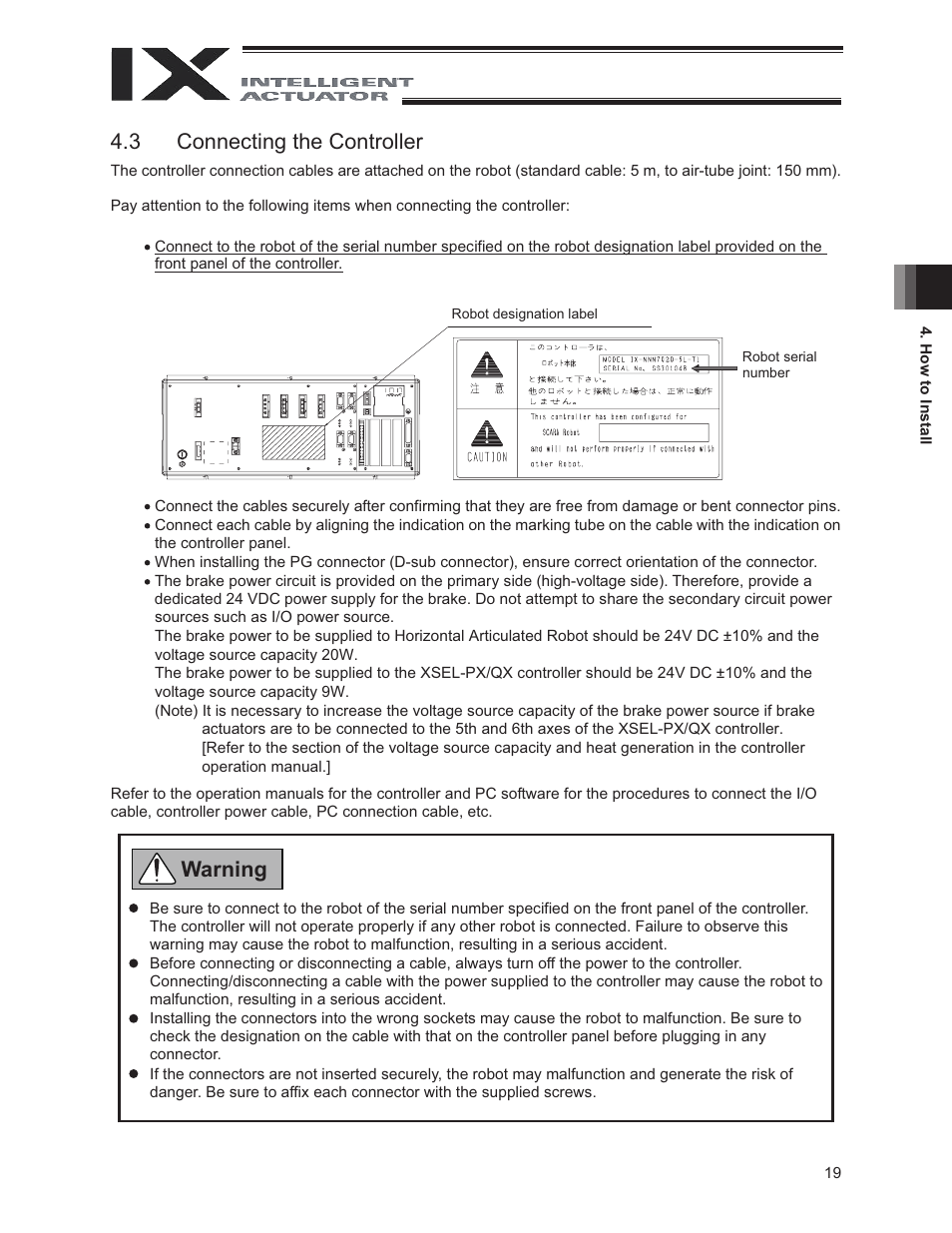 3 connecting the controller, Warning | IAI America IX-NNC8040 User Manual | Page 25 / 90