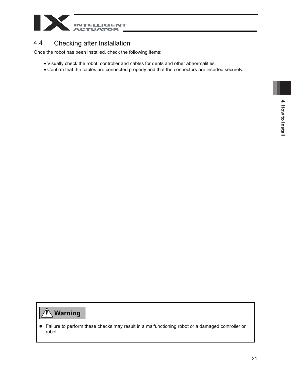 4 checking after installation, 3 checking after installation, Warning 4.4 | IAI America IX-NNC8040 User Manual | Page 27 / 90