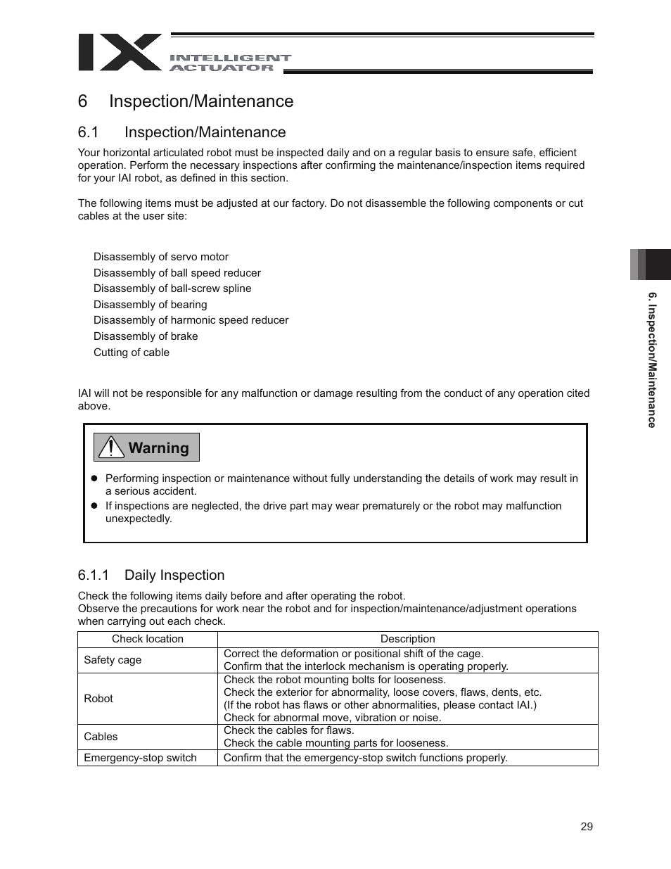 6 inspection/maintenance, 1 inspection/maintenance, 6inspection/maintenance | Warning, 1 daily inspection | IAI America IX-NNC8040 User Manual | Page 35 / 90