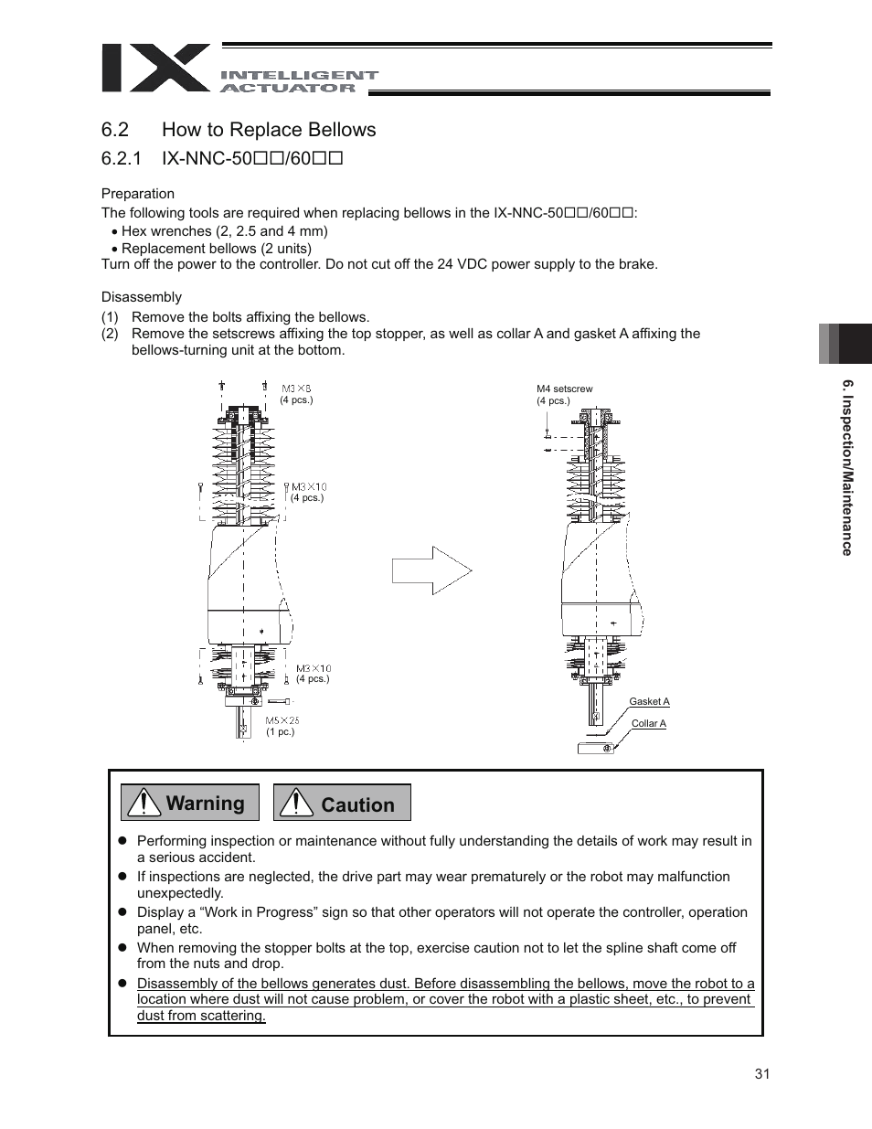 2 how to replace bellows, Caution warning | IAI America IX-NNC8040 User Manual | Page 37 / 90