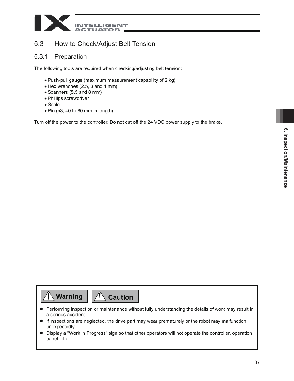 3 how to check/adjust belt tension, Caution warning | IAI America IX-NNC8040 User Manual | Page 43 / 90