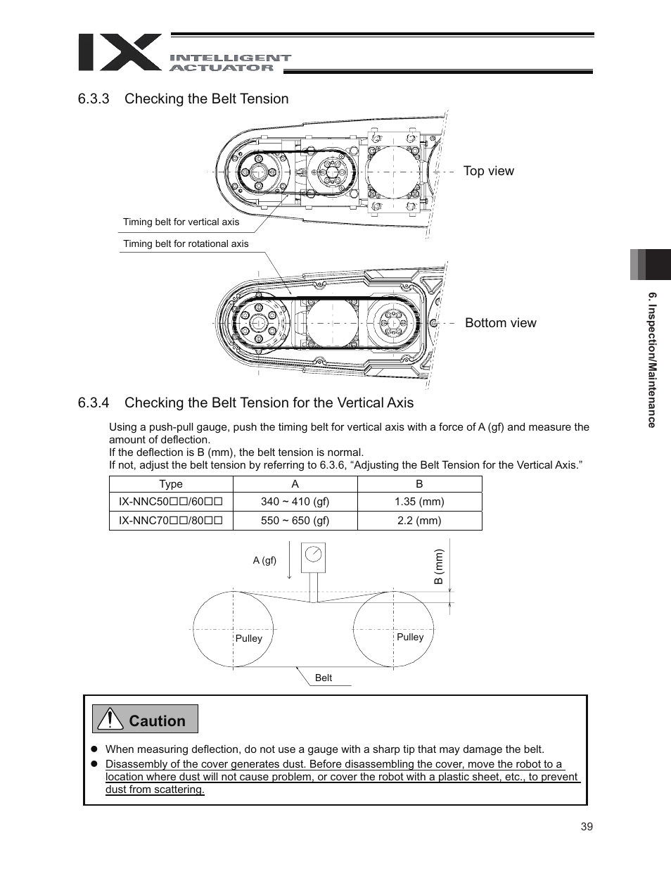 Caution, 3 checking the belt tension, 4 checking the belt tension for the vertical axis | IAI America IX-NNC8040 User Manual | Page 45 / 90