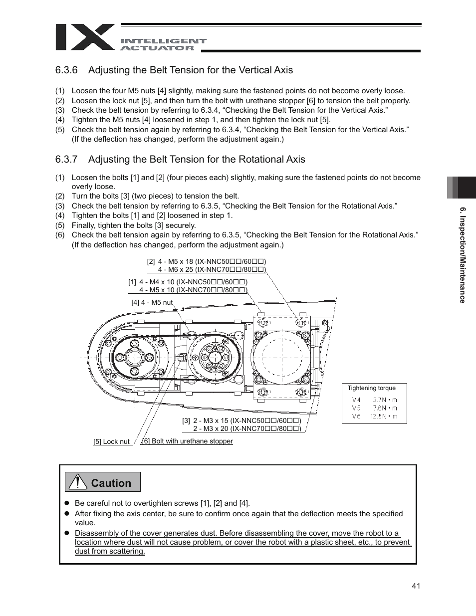 Caution, 6 adjusting the belt tension for the vertical axis | IAI America IX-NNC8040 User Manual | Page 47 / 90