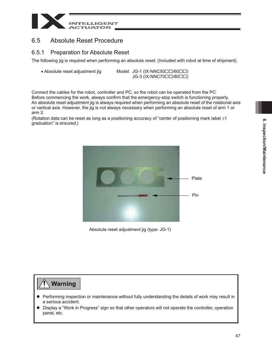 5 absolute reset procedure, Warning, 1 preparation for absolute reset | IAI America IX-NNC8040 User Manual | Page 53 / 90