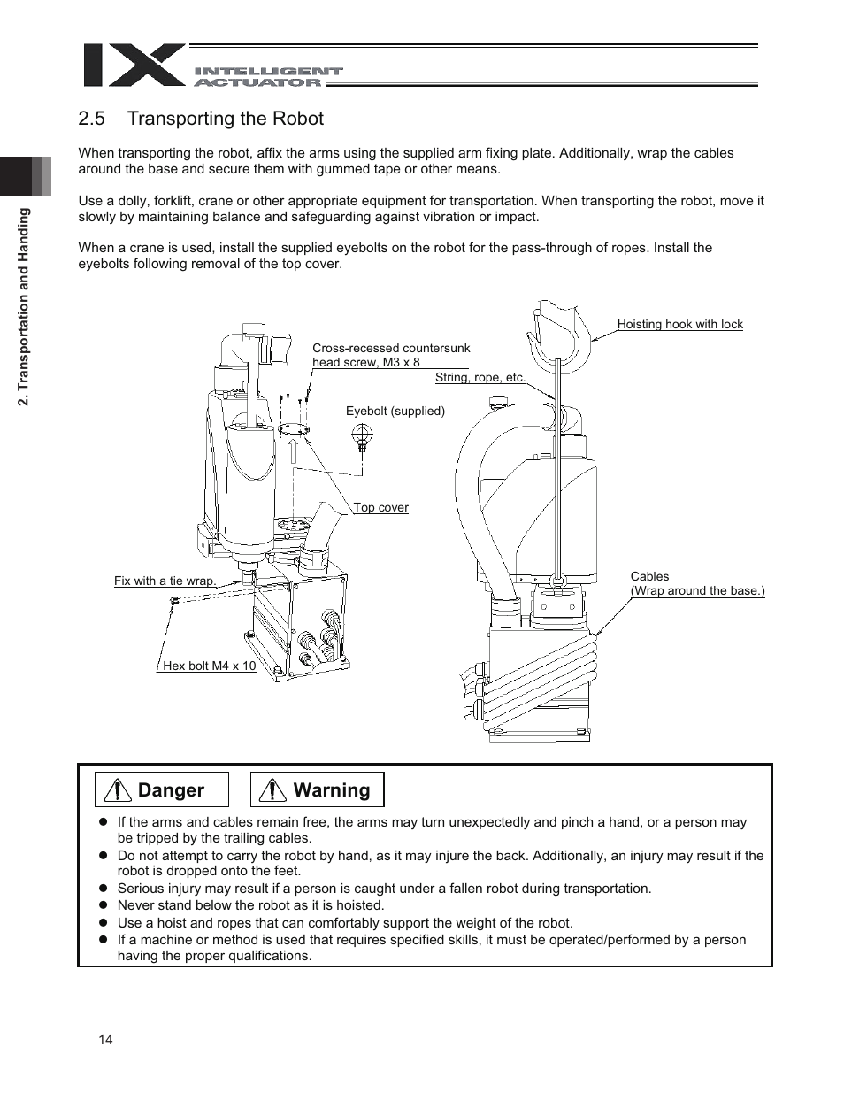 5 transporting the robot, Warning danger | IAI America IX-NNN3515 User Manual | Page 22 / 76