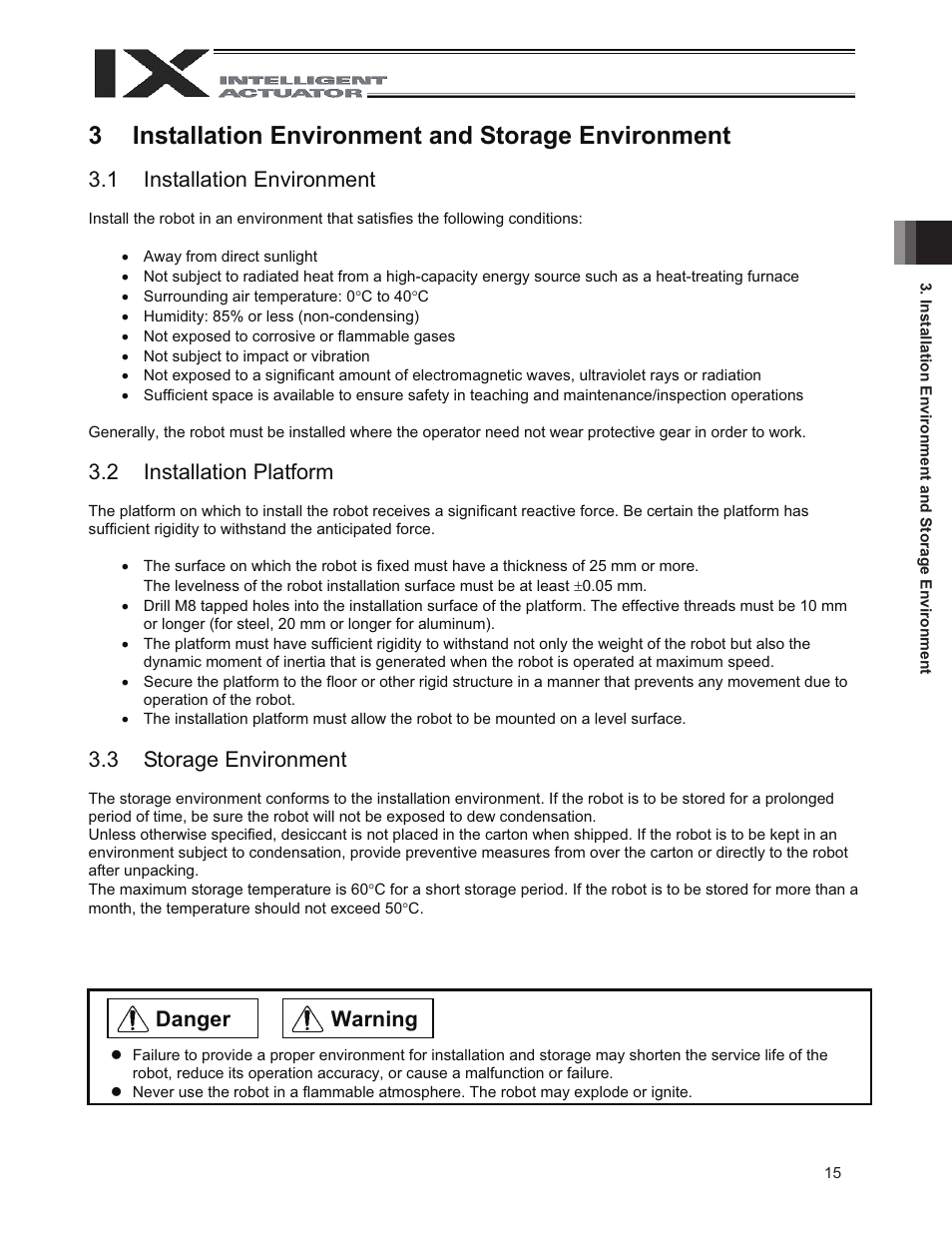 3 installation environment and storage environment, 1 installation environment, 2 installation platform | 3 storage environment, 3installation environment and storage environment, Warning danger | IAI America IX-NNN3515 User Manual | Page 23 / 76