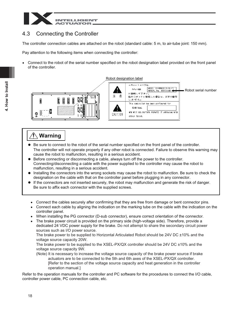 3 connecting the controller, Warning | IAI America IX-NNN3515 User Manual | Page 26 / 76