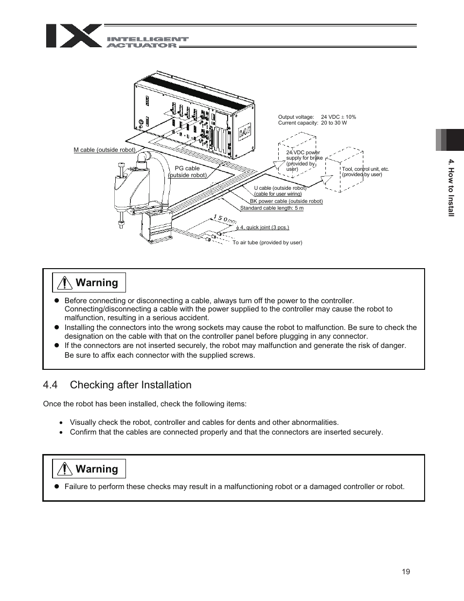 4 checking after installation, 3 checking after installation, Warning | IAI America IX-NNN3515 User Manual | Page 27 / 76
