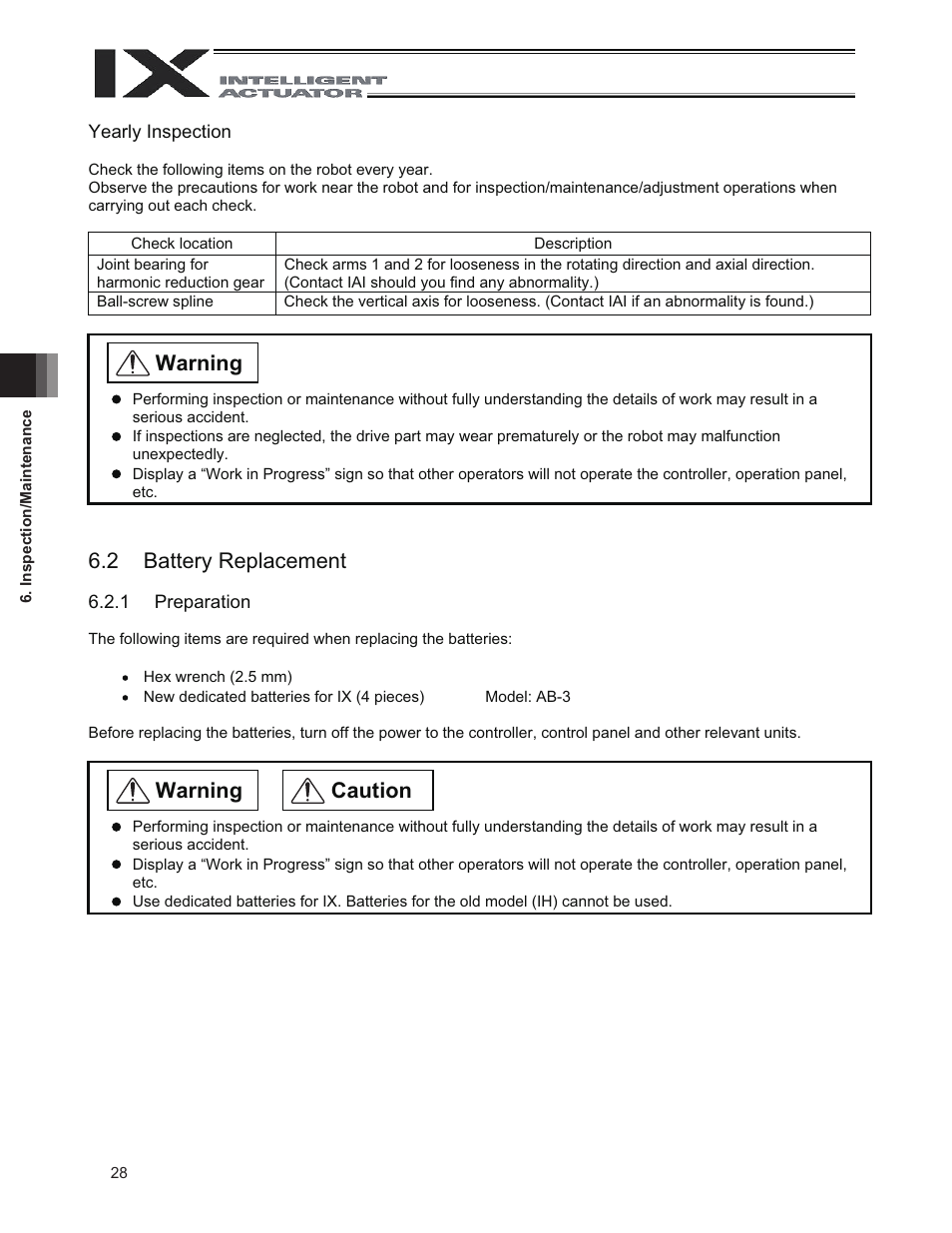 2 battery replacement, Caution warning, Warning 6.2 battery replacement | IAI America IX-NNN3515 User Manual | Page 36 / 76