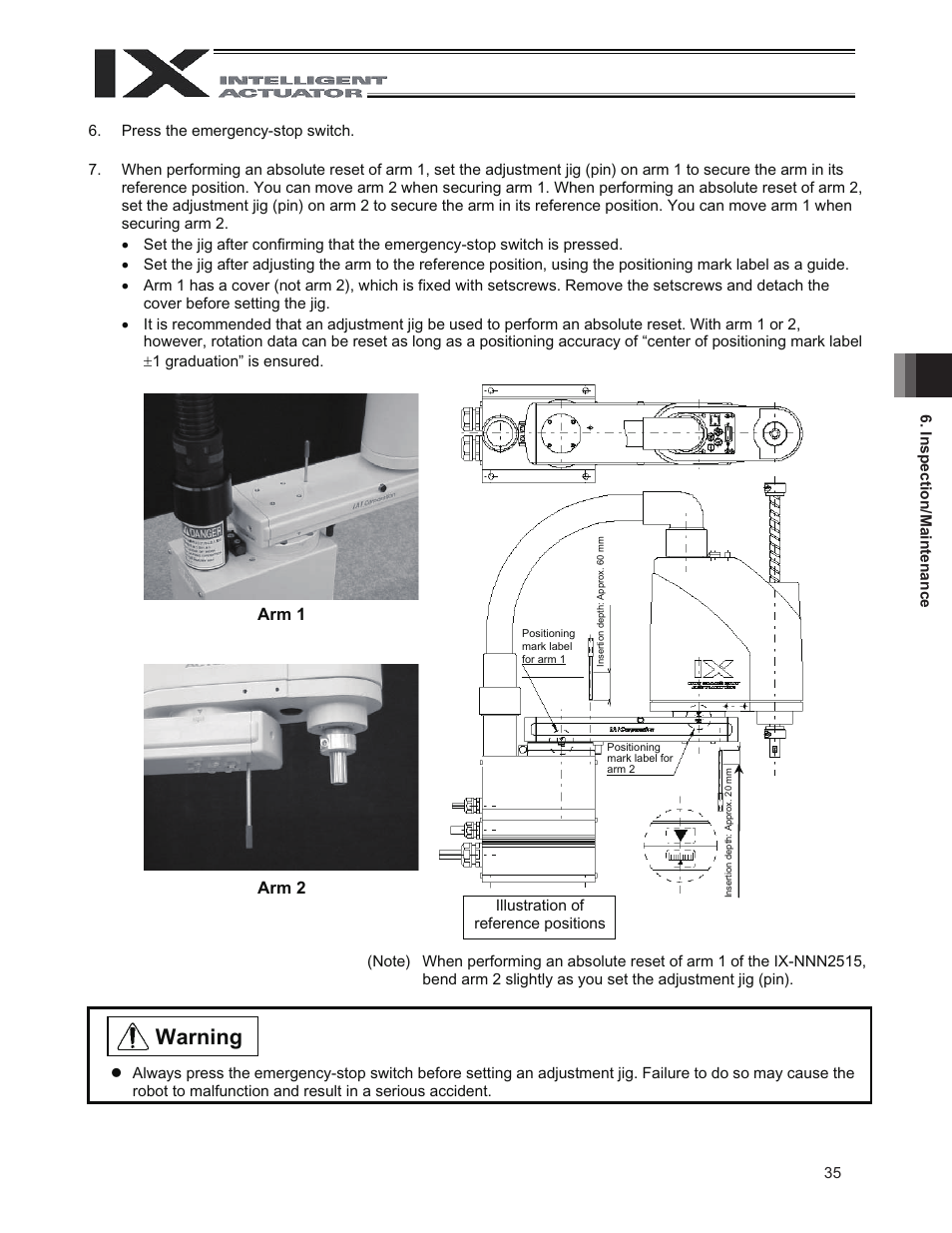 Warning, Arm 1 arm 2 | IAI America IX-NNN3515 User Manual | Page 43 / 76