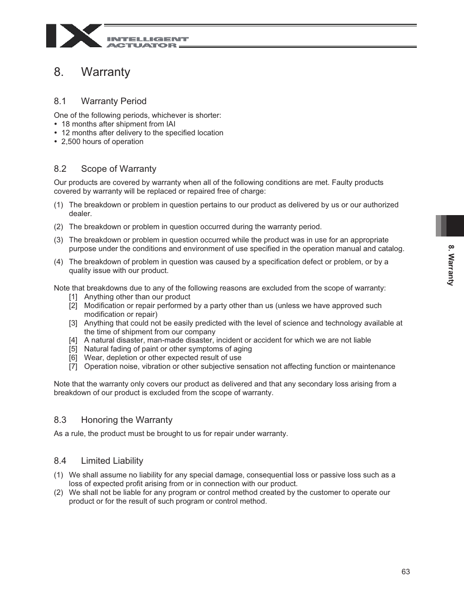 Warranty, 1 warranty period, 2 scope of warranty | 3 honoring the warranty, 4 limited liability | IAI America IX-NNN3515 User Manual | Page 71 / 76