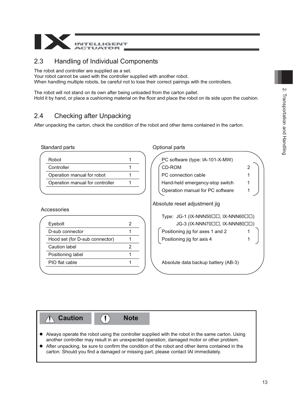 3 handling of individual components, 4 checking after unpacking, Caution 2.3 handling of individual components | IAI America IX-NNN8040 User Manual | Page 21 / 84