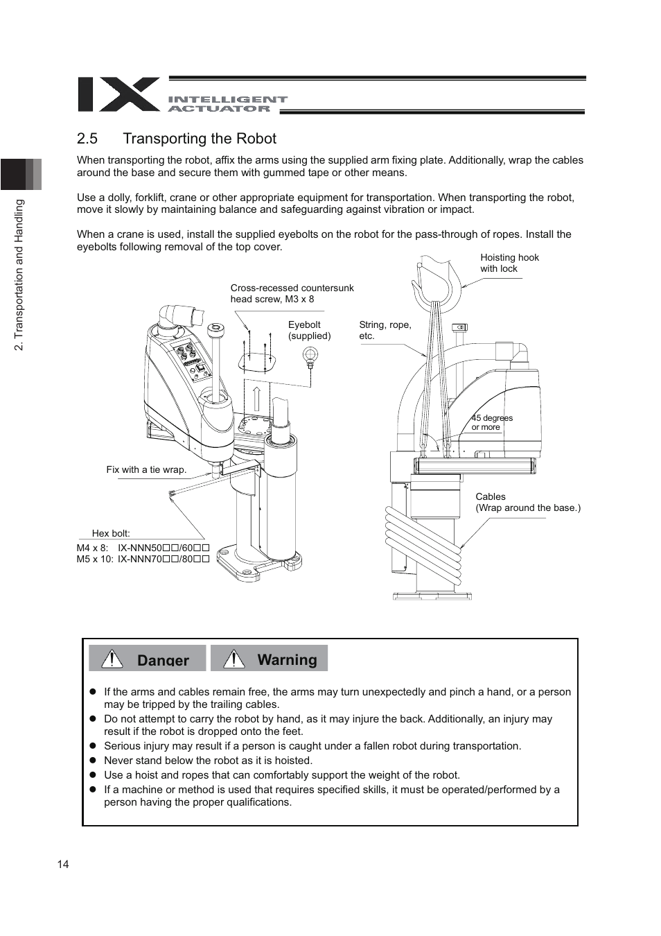 5 transporting the robot, Danger warning 2.5 transporting the robot | IAI America IX-NNN8040 User Manual | Page 22 / 84