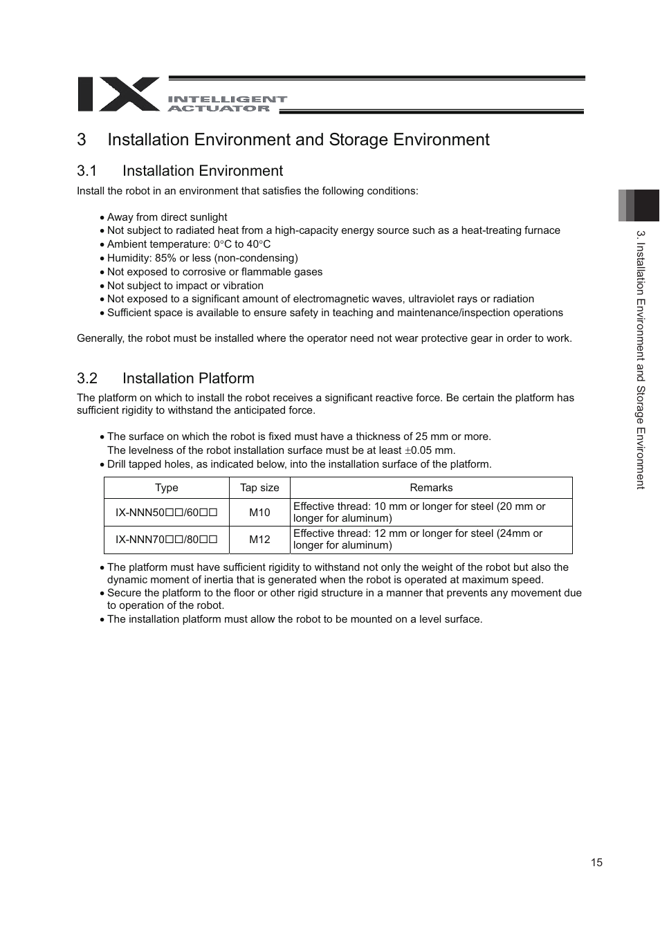 3 installation environment and storage environment, 1 installation environment, 2 installation platform | 3installation environment and storage environment | IAI America IX-NNN8040 User Manual | Page 23 / 84