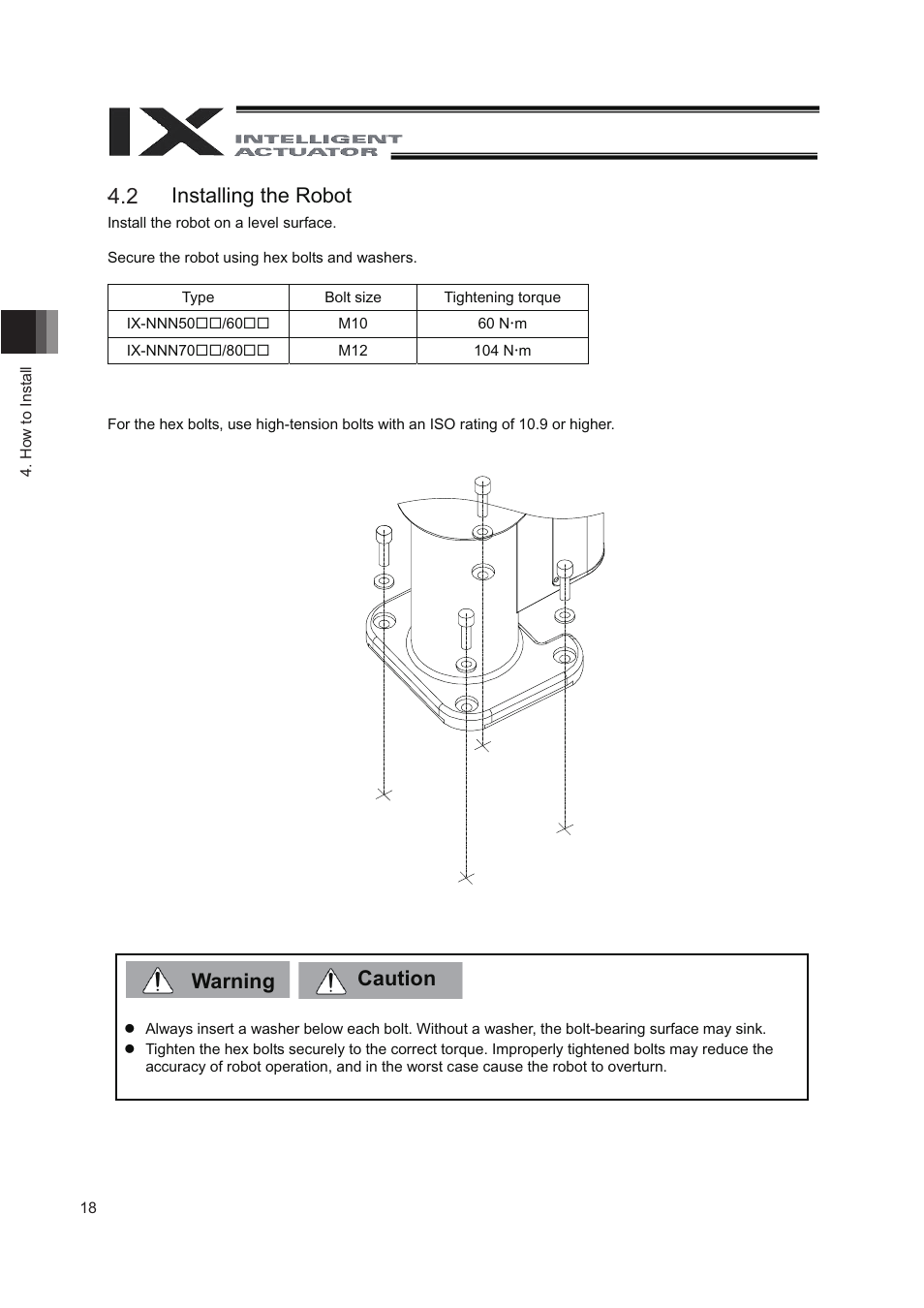 2 installing the robot, Warning caution 4.1 installing the robot | IAI America IX-NNN8040 User Manual | Page 26 / 84