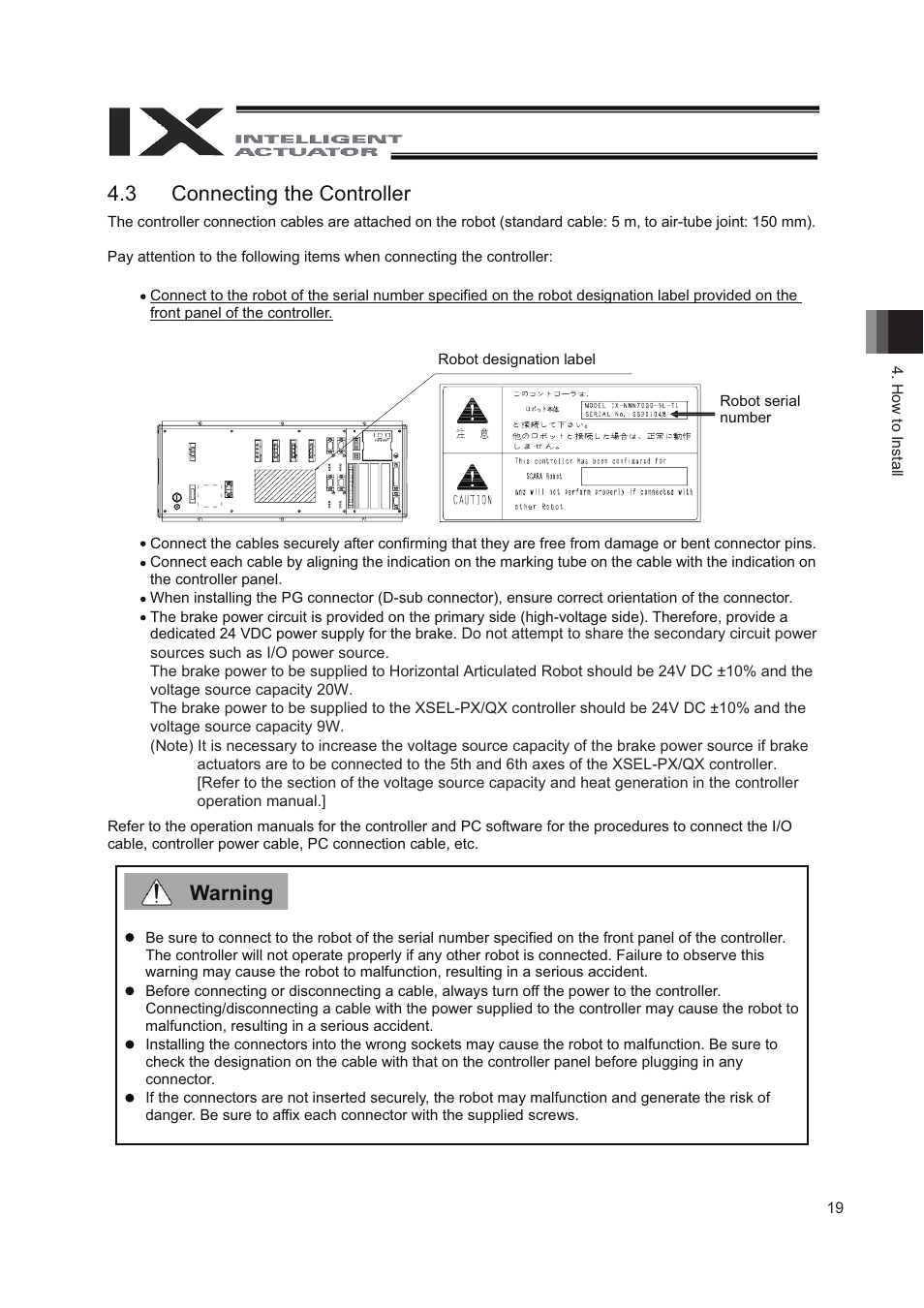3 connecting the controller, Warning 4.3 connecting the controller | IAI America IX-NNN8040 User Manual | Page 27 / 84