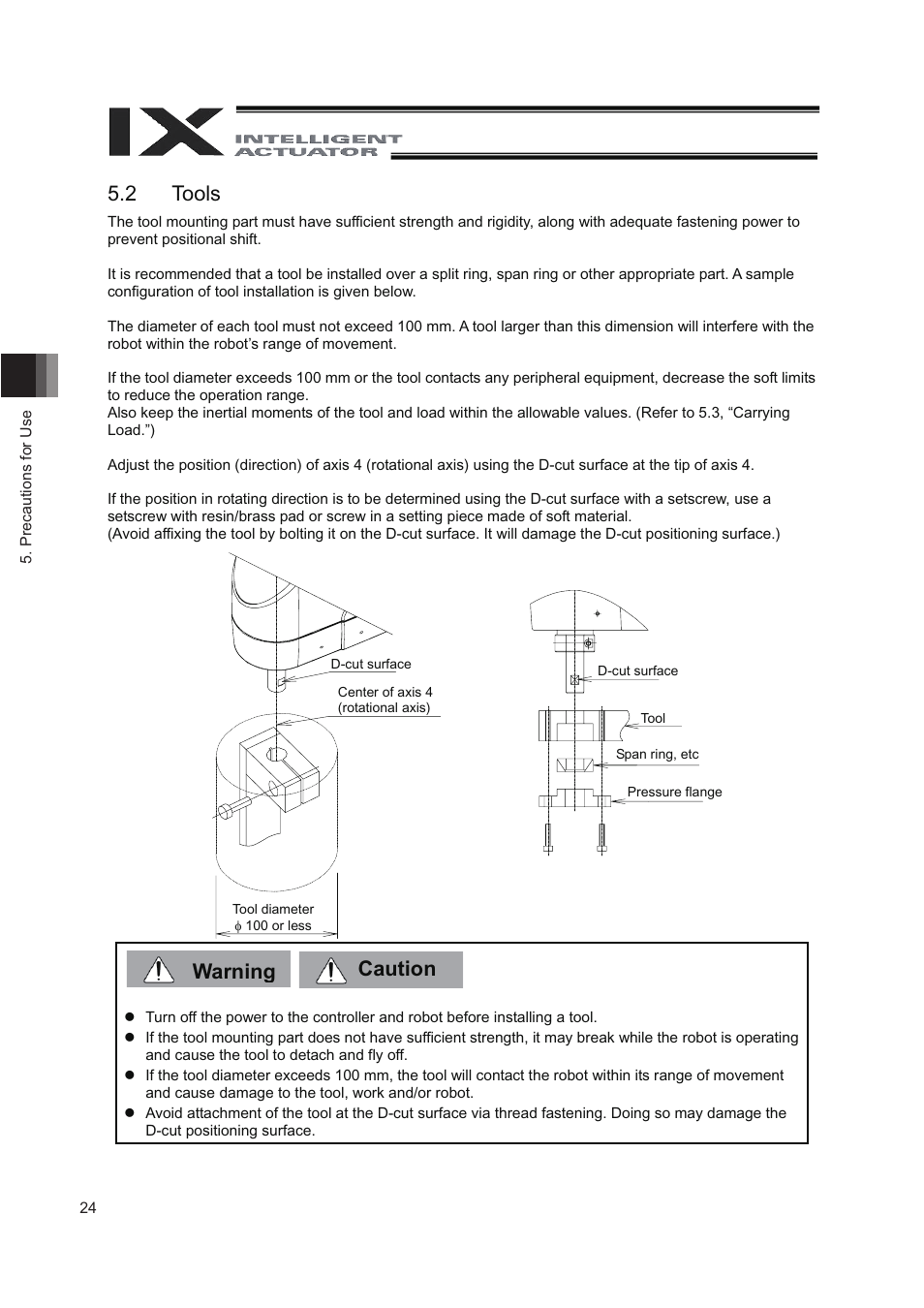 2 tools, Warning caution 5.2 tools | IAI America IX-NNN8040 User Manual | Page 32 / 84