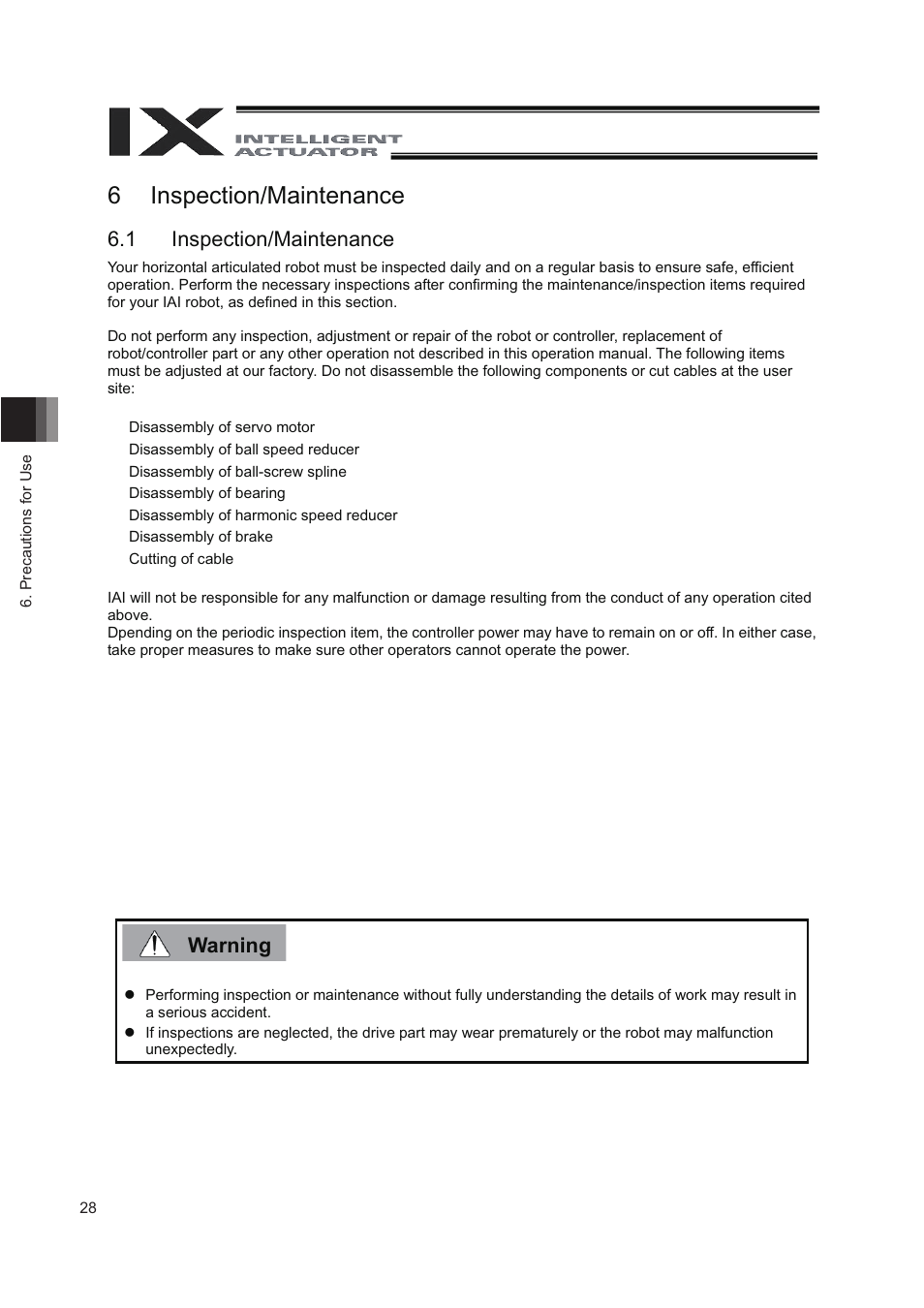 6 inspection/maintenance, 1 inspection/maintenance, Warning | IAI America IX-NNN8040 User Manual | Page 36 / 84