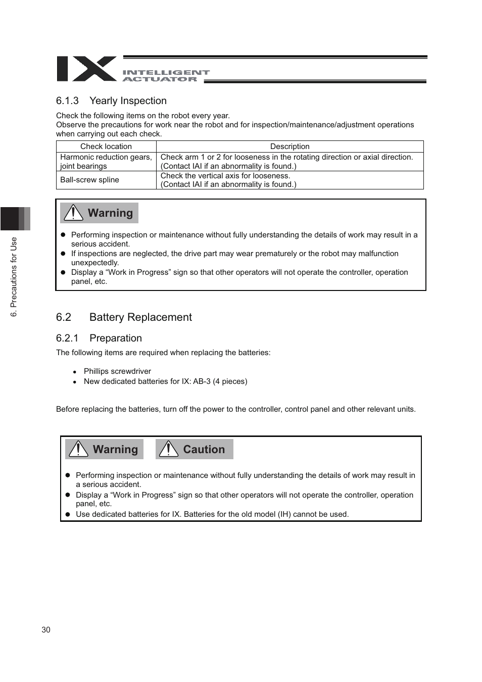 2 battery replacement, Warning, Warning caution | IAI America IX-NNN8040 User Manual | Page 38 / 84