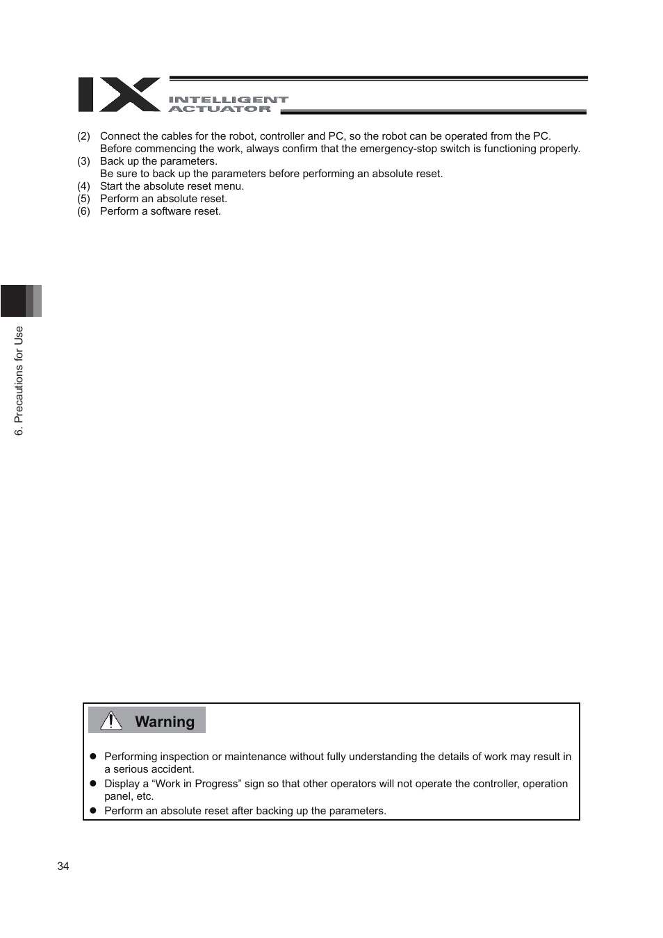 Warning | IAI America IX-NNN8040 User Manual | Page 42 / 84