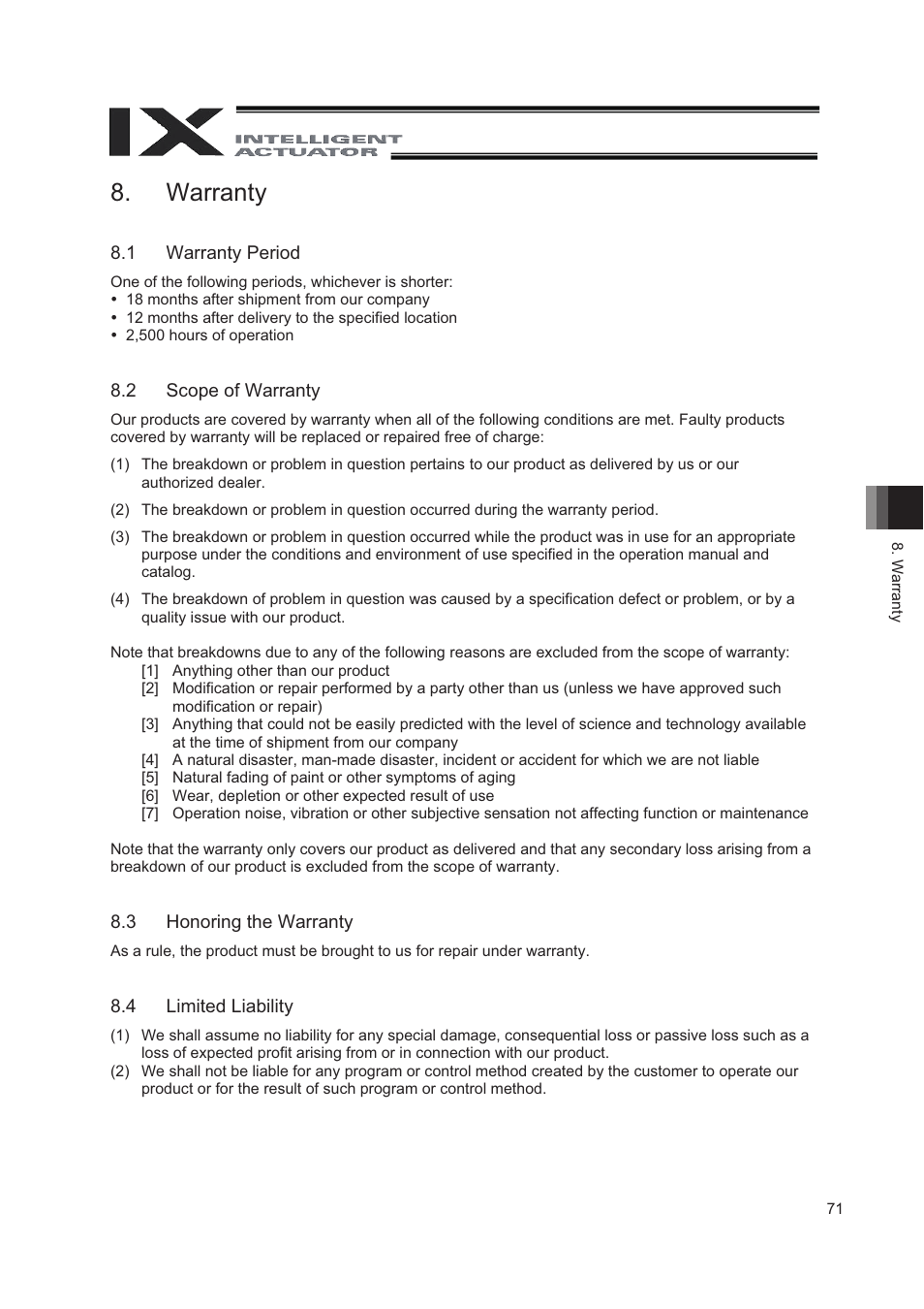 Warranty, 1 warranty period, 2 scope of warranty | 3 honoring the warranty, 4 limited liability | IAI America IX-NNN8040 User Manual | Page 79 / 84