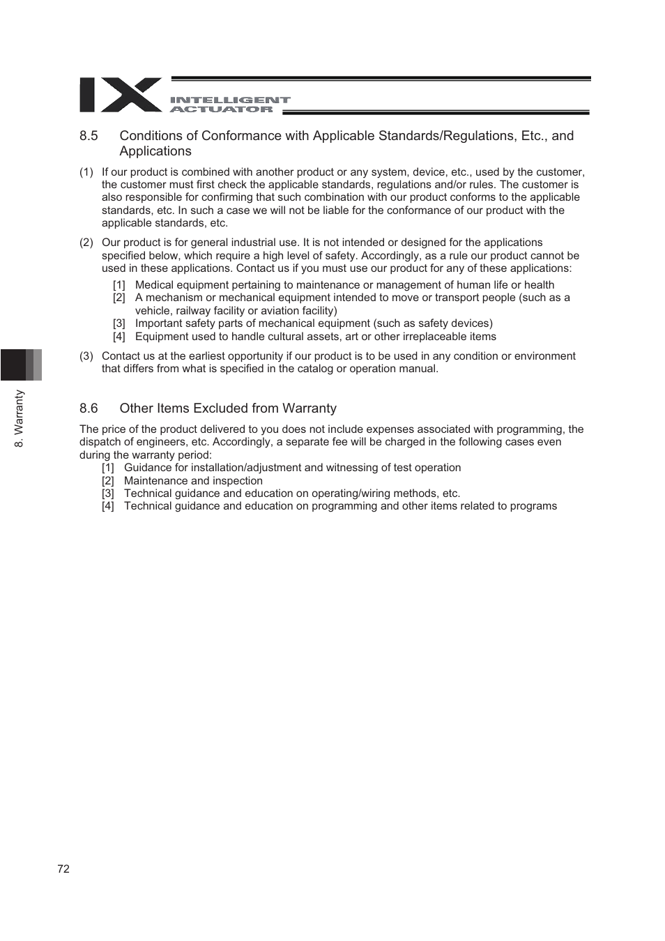 6 other items excluded from warranty | IAI America IX-NNN8040 User Manual | Page 80 / 84