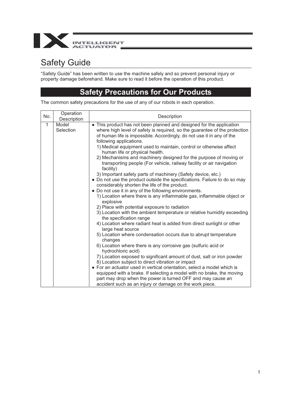 Safety guide, Safety precautions for our products | IAI America IX-NNN8040 User Manual | Page 9 / 84