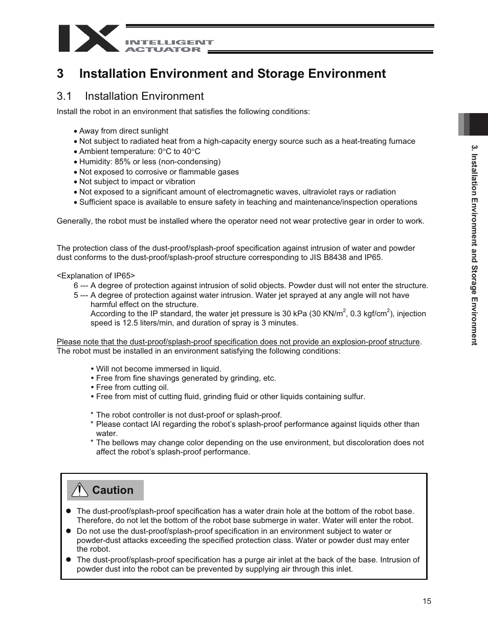 3 installation environment and storage environment, 1 installation environment, 3installation environment and storage environment | Caution | IAI America IX-NNW3515 User Manual | Page 21 / 76