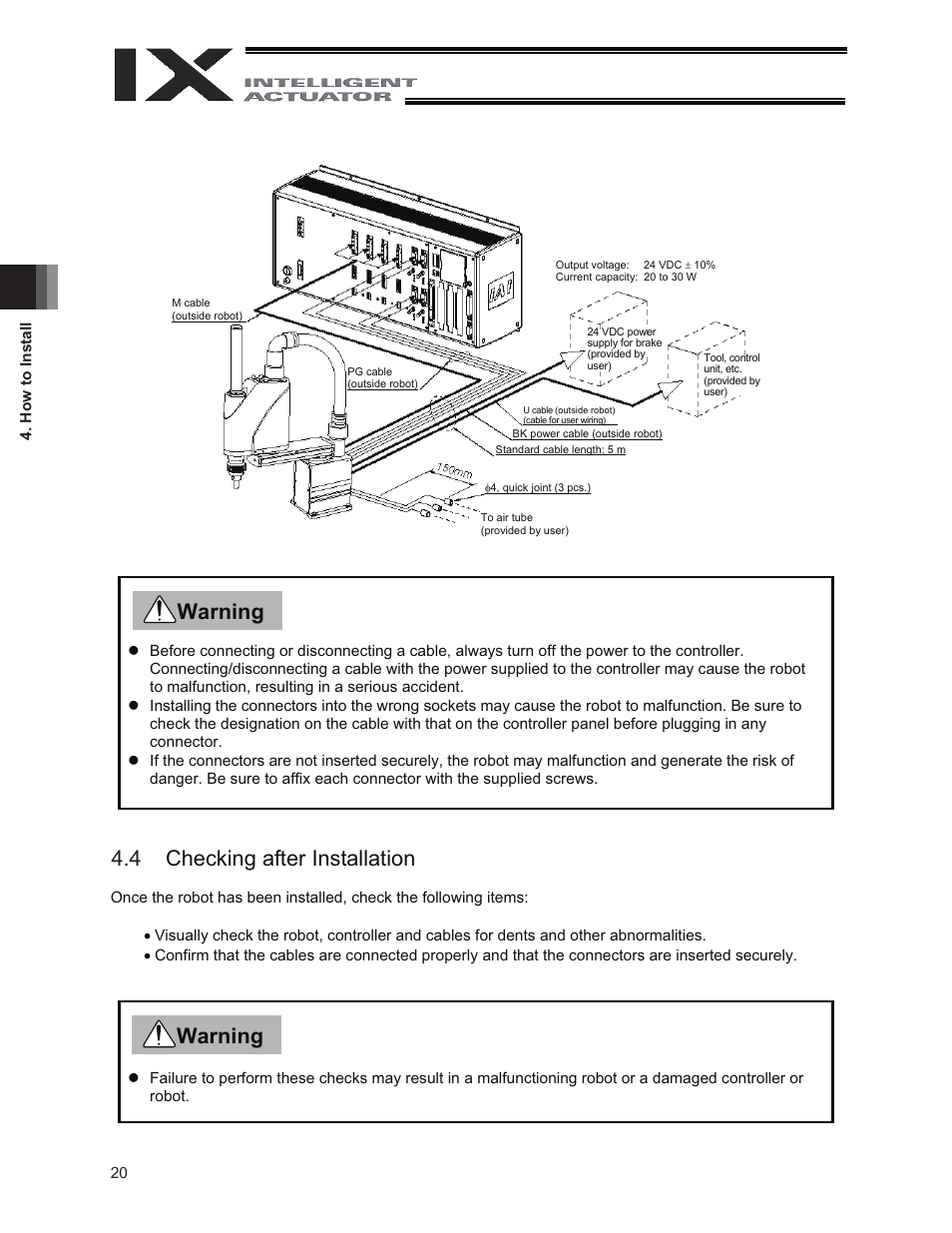 4 checking after installation, 3 checking after installation, Warning | Warning 4.4 | IAI America IX-NNW3515 User Manual | Page 26 / 76