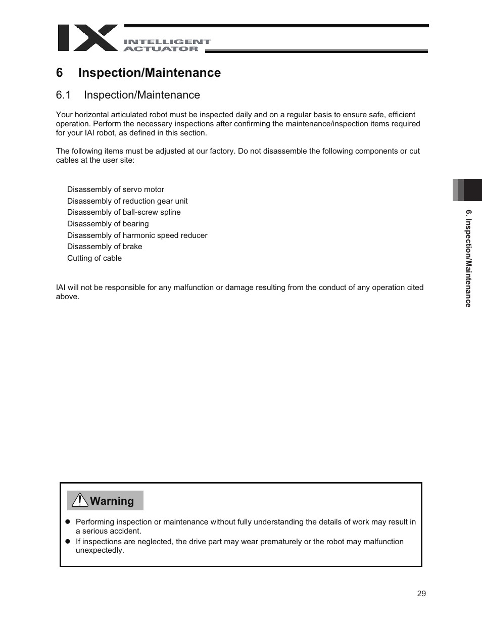 6 inspection/maintenance, 1 inspection/maintenance, Warning | IAI America IX-NNW3515 User Manual | Page 35 / 76