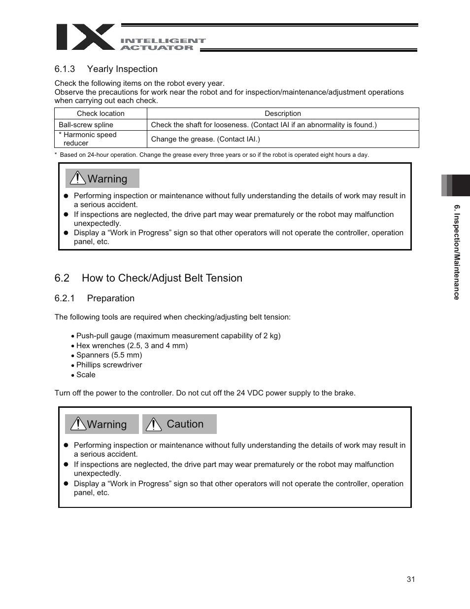 2 how to check/adjust belt tension, Warning caution, Warning 6.2 how to check/adjust belt tension | IAI America IX-NNW3515 User Manual | Page 37 / 76